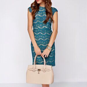 Darling Candice Teal Blue Midi Lace Dress with Beige Lining - Size M